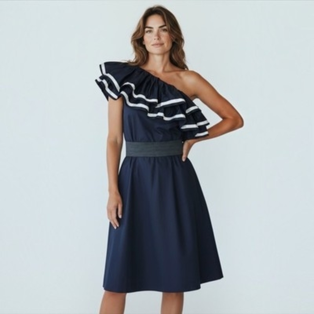 Black One Shoulder Ruffle Sailor Stripe Fit & Flare Dress Cotton VG